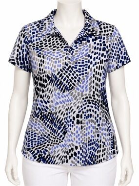 Short-Sleeve Collared Abstract Print Top in Blue, Black & Gray